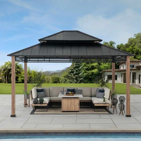 Sunjoy Roberts Outdoor Patio 13 x 15 ft. Black Steel Frame Hardtop Gazebo with 2-Tier Steel Roof