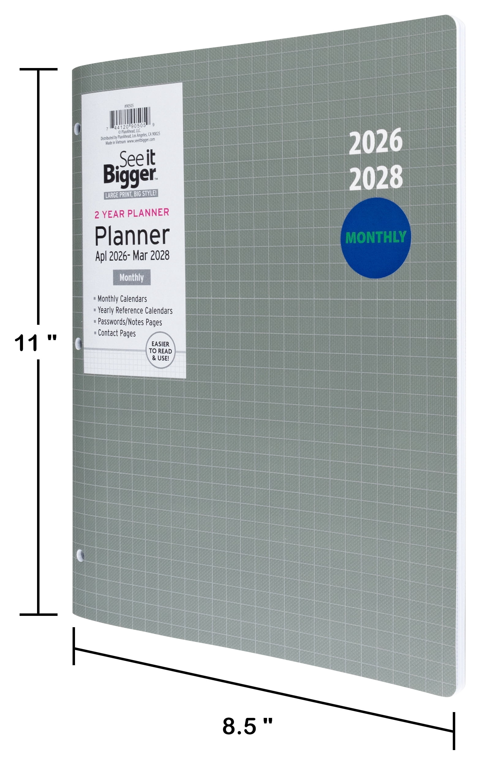 See It Bigger Monthly Planner, Large (8.5” x 11”), Grey, 2-Year: Apr 2026 - Mar 2028