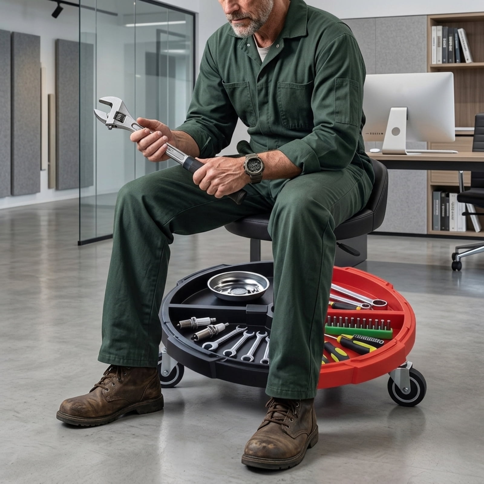 Biotree Rolling Mechanic Stool with Tool Tray for Garage Shop 26.5" x 21" x 12.5" Adjustable Height Shop Seat for Garage, Red