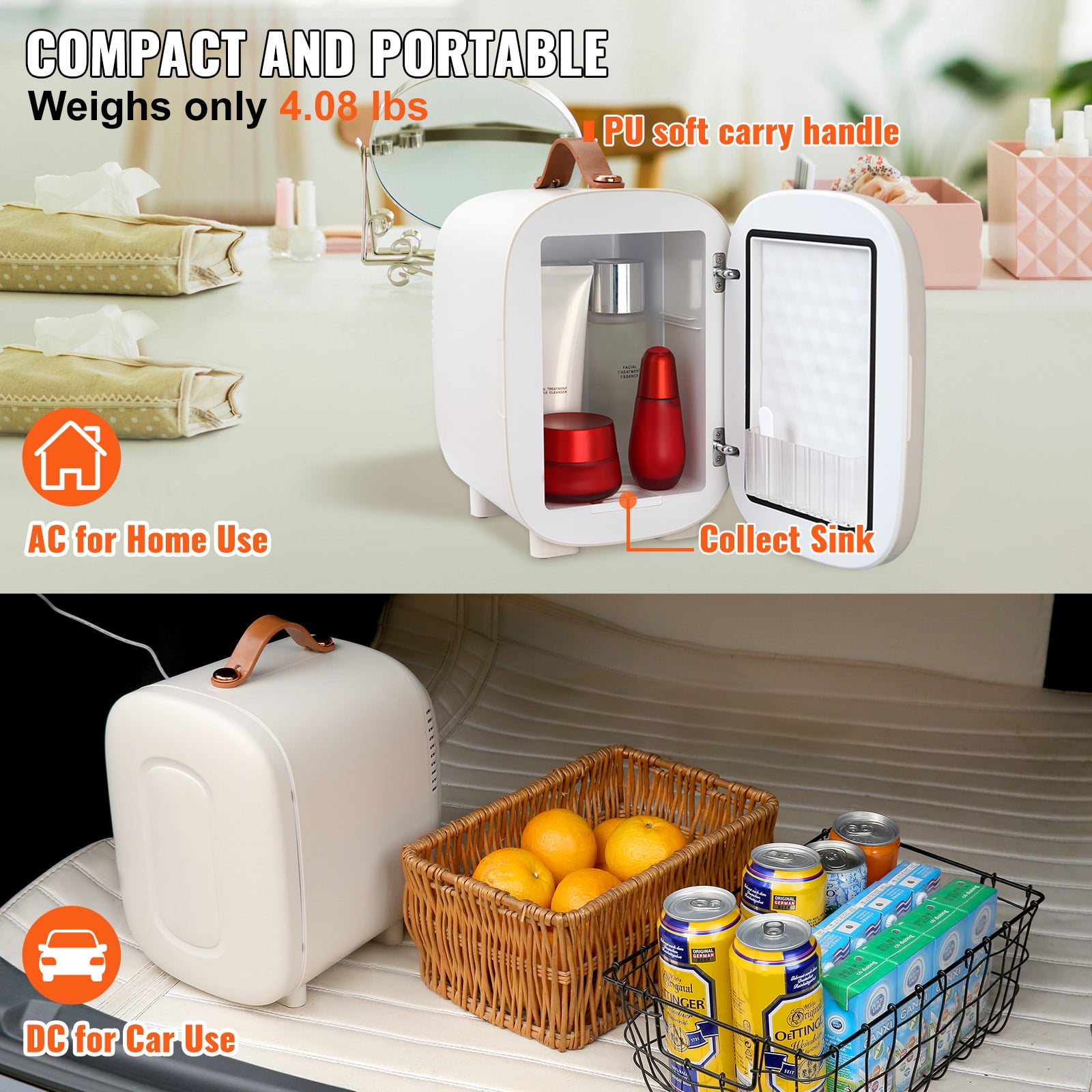 KFFKFF Mini Refrigerator 4L 6 Cans Skin Care Products Refrigerator AC/DC Mini Cosmetics Makeup Refrigerator