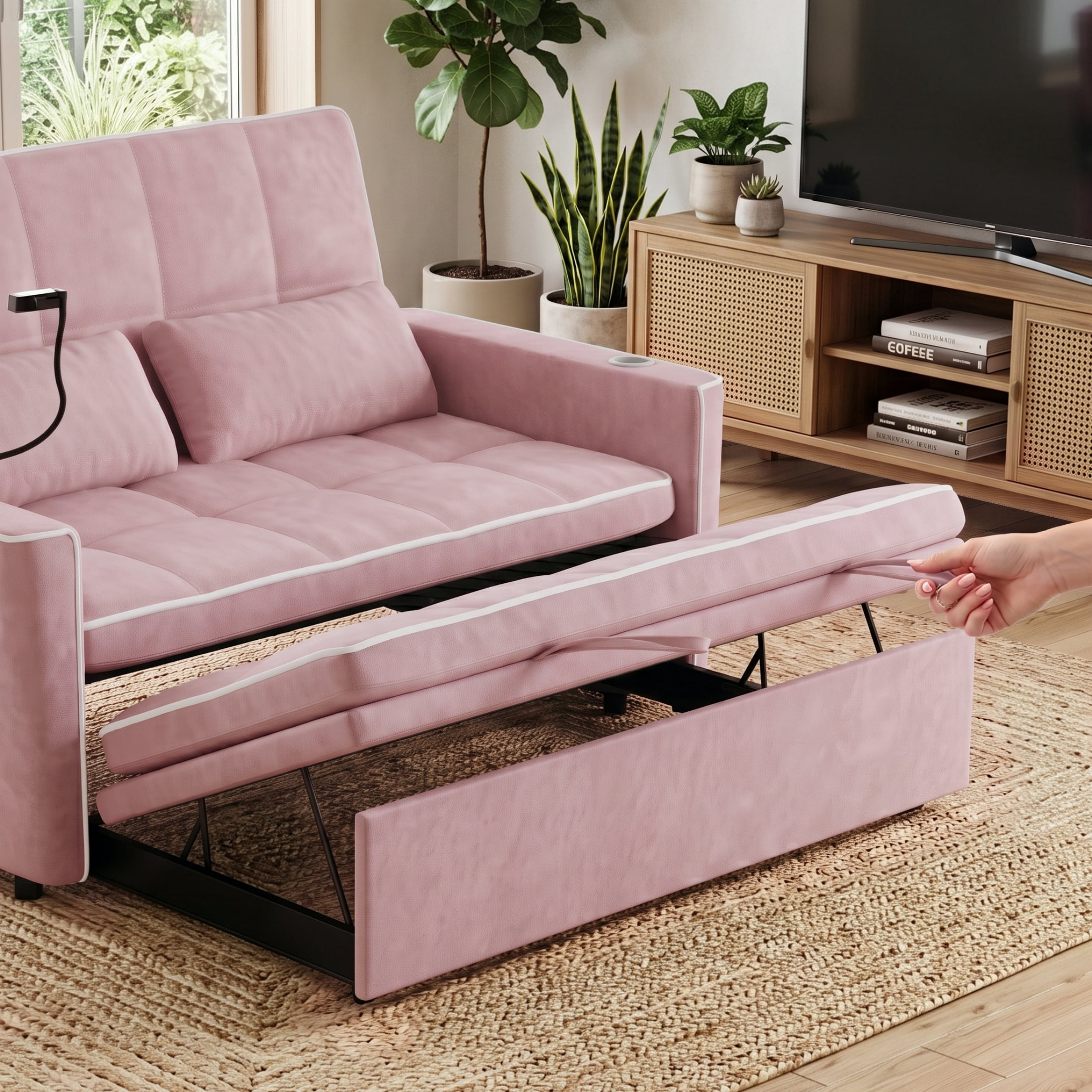 Vinform Sleeper Sofa Bed, 3 in 1 Convertible Loveseat with Phone & Cup Colder for Small Space, Pink