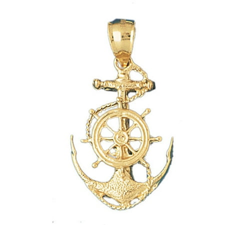 14K Yellow Gold Anchor With Ships Wheel Pendant - 36 mm