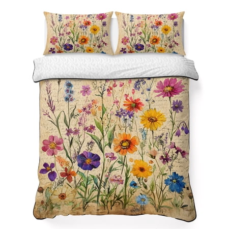 Twin XL Quilt Bedding Set Farmhouse Colorful Small Flower Soft Microfiber Summer Bedspread Coverlet with 2 Pillow Shams Retro Backdrop Seamless Breathable Bedding Set for Hot Sleepers