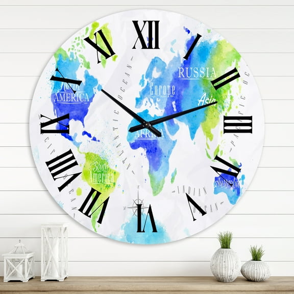 Designart 'World Map In Green And Blue' Modern Wall Clock