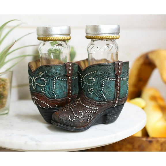 Ebros Fancy Beads Turquoise Pair Of Cowgirl Boots Salt and Pepper Shakers Holder