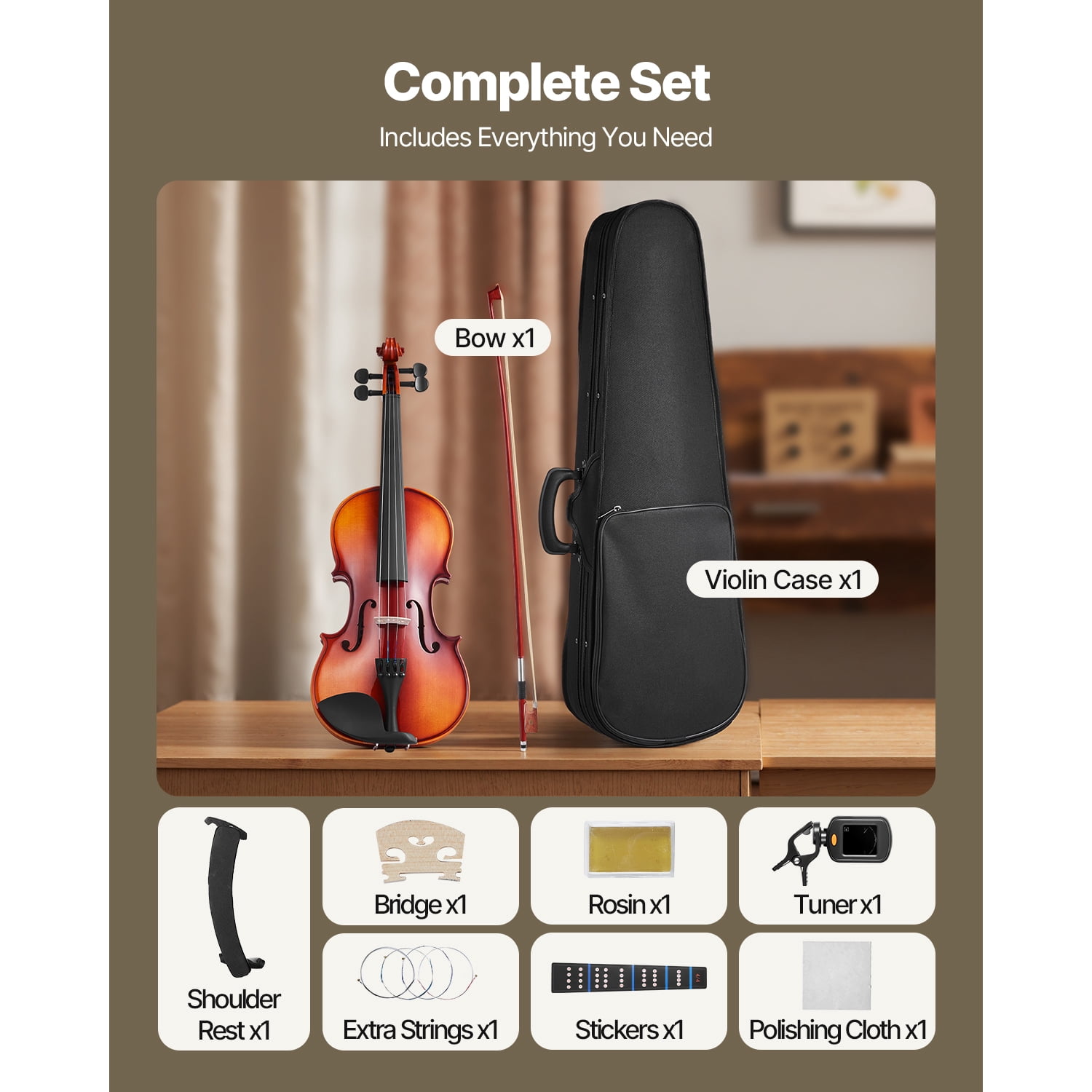 KFFKFF Full-Size 4/4 Violin for Adults, Beginner's Fiddle Set with Case, Rosin, Bow, Shoulder Rest, Bridge, Extra Strings, Solid Wood Musical Instrument (Glossy Brown)