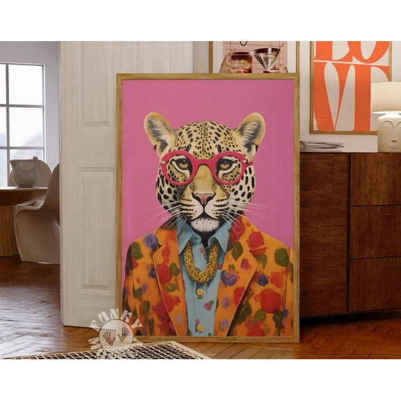 Miluva Fashion Leopard Art Print, Funky Wall Art, Dopamine Aesthetic, Maximalist Decor, Pink Orange Leopard , Trendy Preppy Wall Art Decor For Home Office, 8x12 UNFRAMED