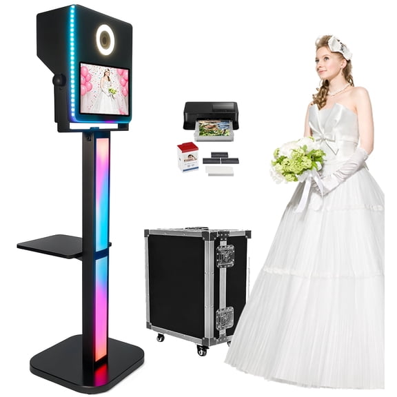 Photo Booth with Printer, Portable Selfie Photobooth Machine 15.6-in Mirror Touch Screen for Events Wedding Birthday School Party Rental RGB Lights Stand
