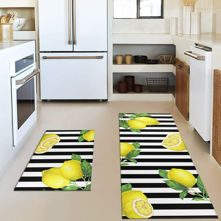 Lemon Kitchen Rug Mat Set of 2 Black and White Stripe Kitchen Rugs Kitchen  Floor Mats Non Slip Washable Lemon Kitchen Decor Decorations 