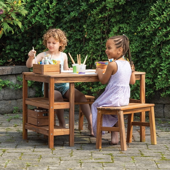 Martha Stewart Kids Outdoor Craft Table and 2 Bench Set: Acacia Wood Activity Desk w/ Crate, Caddy, and Storage Shelves | Kids Play & Picnic Table w/ Benches for Backyard, Patio, Outdoor Classrooms