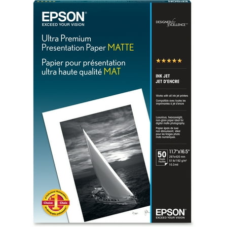 Epson Ultra Premium Presentation Paper Matte 17" x 12" x 1", 50 Sheets, White
