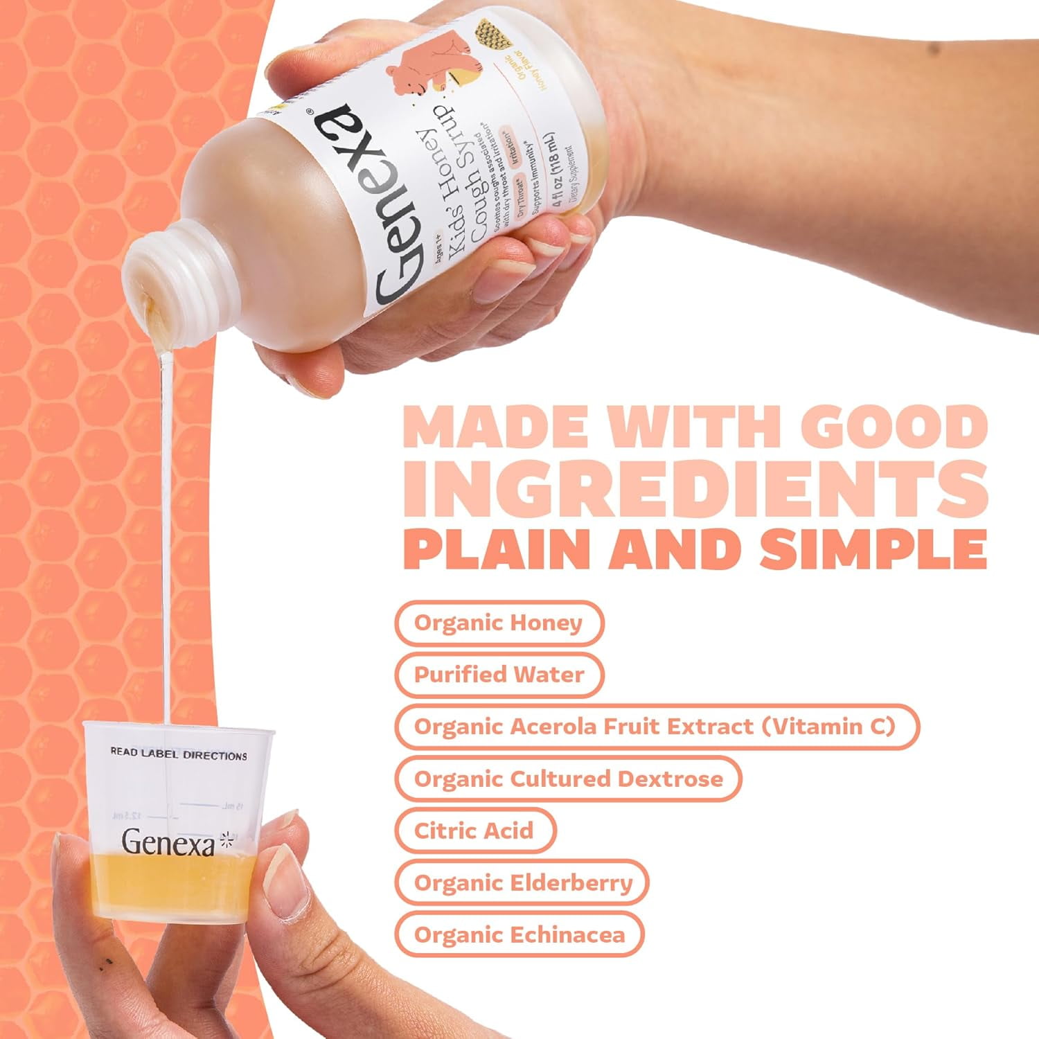 Genexa Kids' Honey Cough Syrup - 4oz - Made with Organic Honey - Certified Organic, Gluten-Free & Non-GMO