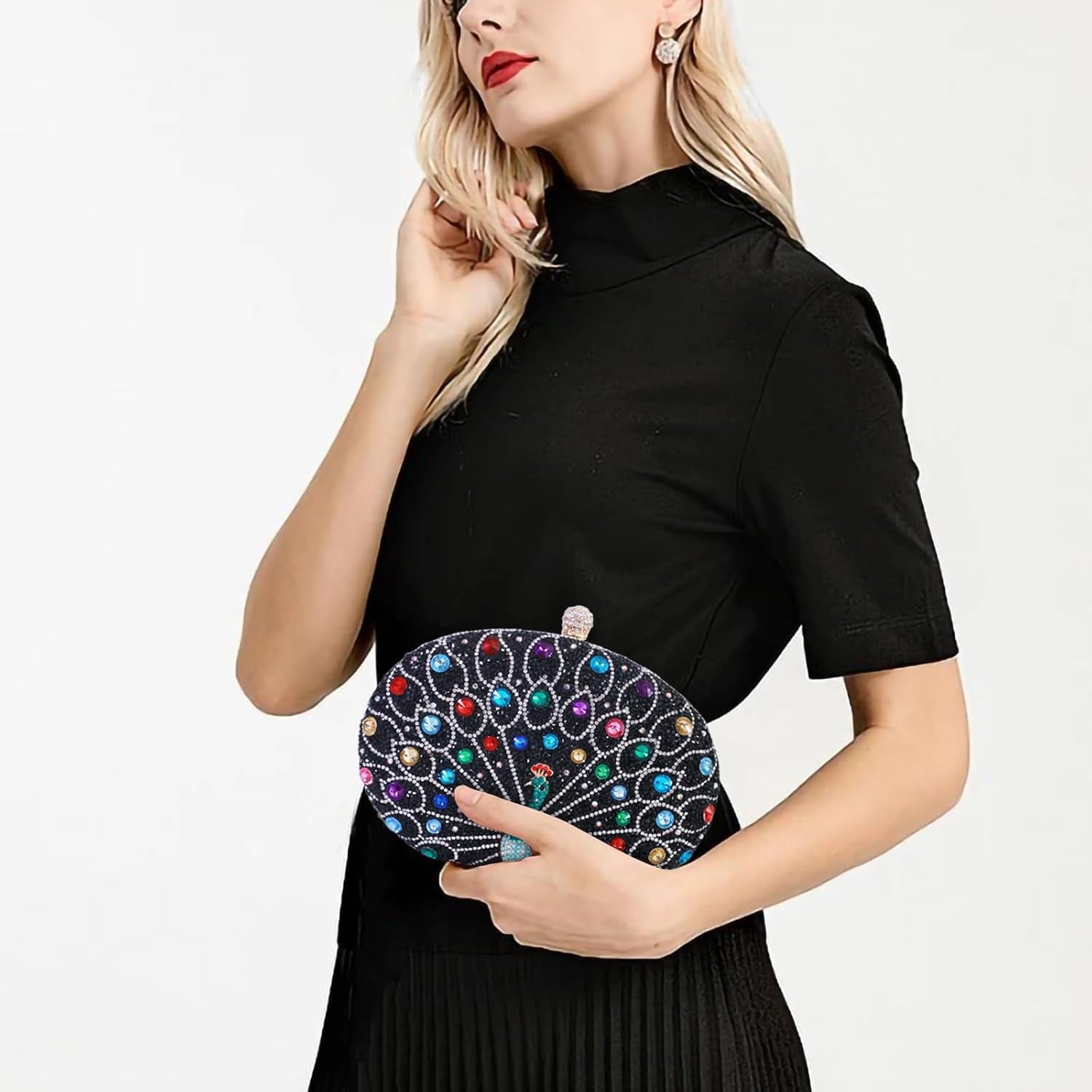 Womens Vintage Beaded Rhinestone Peacock Clutch Purse Handmade Crossbody Bag Evening Handbag For Wedding Party Prom