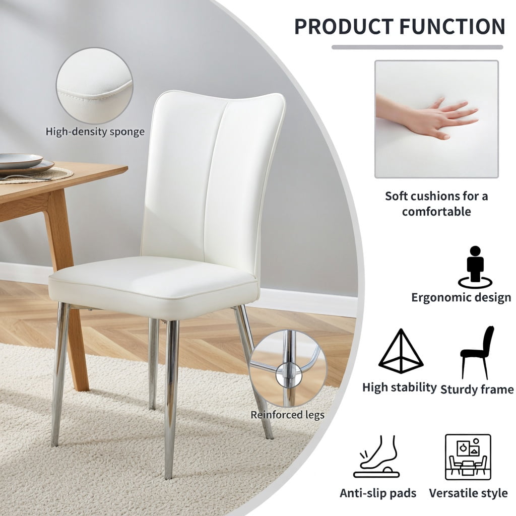 Hommoo Modern Minimalist Dining Chairs Set of 6, PU Leather with Ergonomic Curved Backrest & Electroplated Metal Legs for Kitchen, Dining Room, Living Room & Bedroom, White