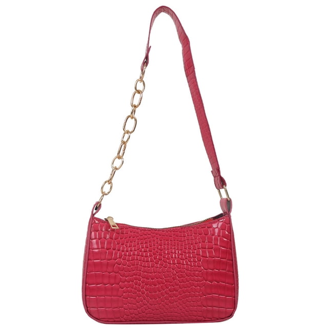 Bolso retro francés con patrón de cocodrilo, cadena para las axilas, nuevo bolso de hombro tipo bandolera de cuero artificial, color rojo rosa