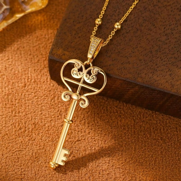Top-kevin Vintage Bohemian Key Pendant Necklace 14K Golden Plated with zirconia Inlay, Copper Jewelry for Daily Wear And Gifting, Halloween Accessible, Unisex Design - All Seasons Suitable