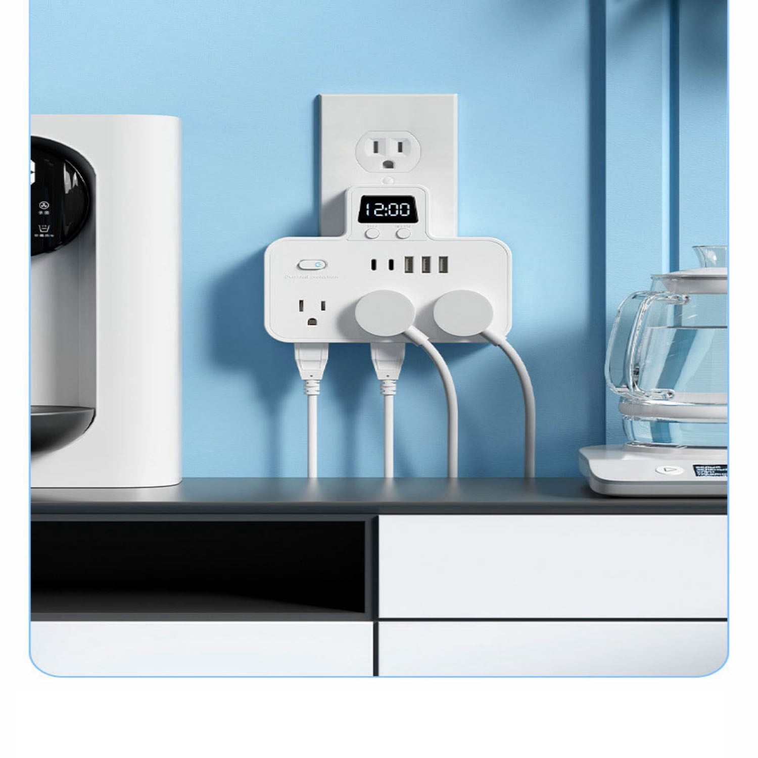 BEISHINK Comes With a Digital Clock Socket Extender, 6 Socket Surge Protectors, and 3 USB-A Ports (3 USB C) Wall Chargers, Suitable for Power Boards in Homes, Offices, and Dormitories