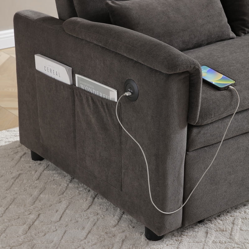 3-in-1 Convertible Velvet Pull Out Sofa Bed, Loveseat Chaise Sleeper Sofa with Adjustable Backrest, USB Ports & Side Pockets