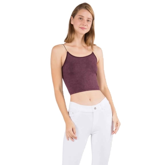 Women's Seamless Skinny Strap Cropped Cami Top, Acid Wash Wine Red, One Size, 1PC