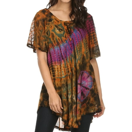 Embroidered Long Sleeve Skirt (Sakkas Splenka Long Tie Dye Embroidered Corset Neck Cap Sleeve Blouse Shirt Top - Orange Multi - One Size)