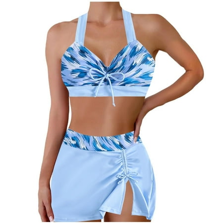 Wyobmus Womens Halter Bikini Set Two Piece Swimsuit Vintage Printed Bow Swimwear Two Piece Swimsuit With Side Adjustable Drawstring Beach Skirt Blue