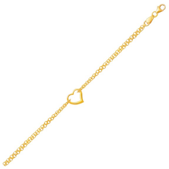10k Yellow Gold Double Rolo Chain Anklet Open Heart Station 10 inches