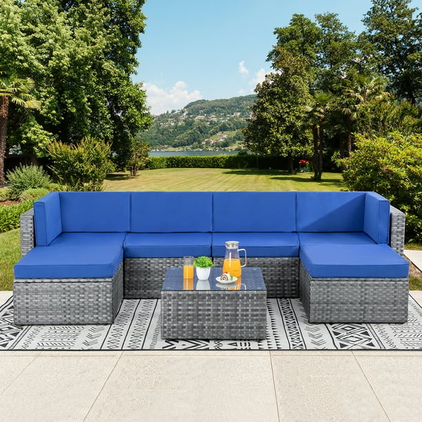 Walsunny 7pcs Patio Royal Blue Outdoor, Royal Blue Dining Room Chair Cushions Uk