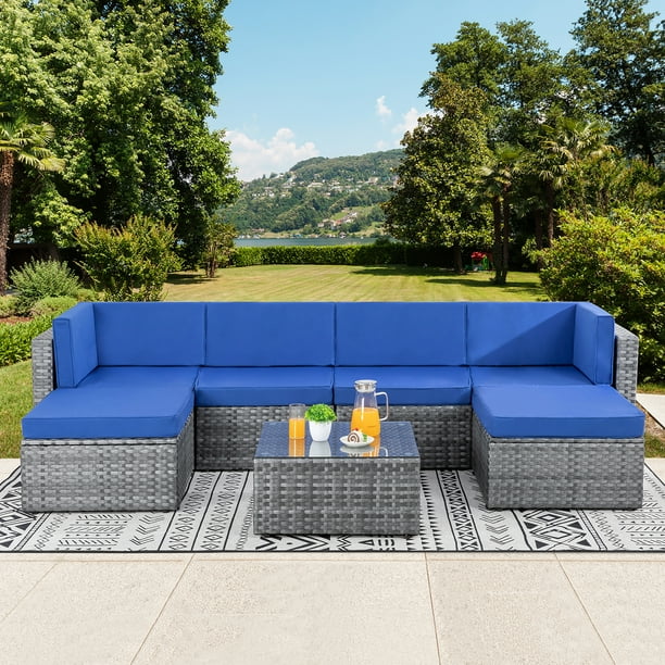 Walsunny 7pcs Patio Royal Blue Outdoor Furniture Silver Gray Rattan Sectional Sofa Com Walsunny 7pcs Patio Royal Blue Outdoor, Royal Blue Dining Room Chair Cushions Uk