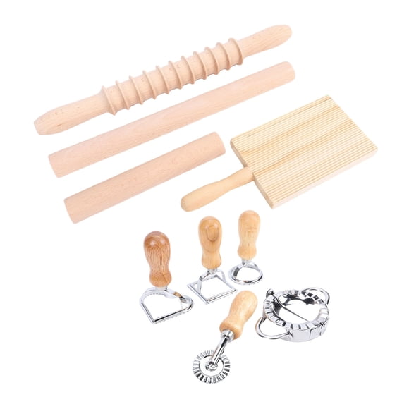 Pasta Gnocchi Pasta Making Tools Kit Beechwood Stainless Steel Pasta Roller Pin Set with Ravioli Stamp Maker Cutter Gnocchi Board for Kitchen