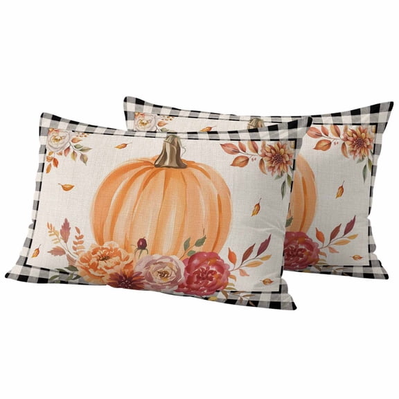 Lumbar Pillow Covers 12 x 20 Inches, Orange Pumpkins Fall Waterproof Throw Pillow Cover Set of 2, Black Plaid Autumn Floral Decorative Rectangle Cushion Covers for Patio/Tent/Couch/Garden