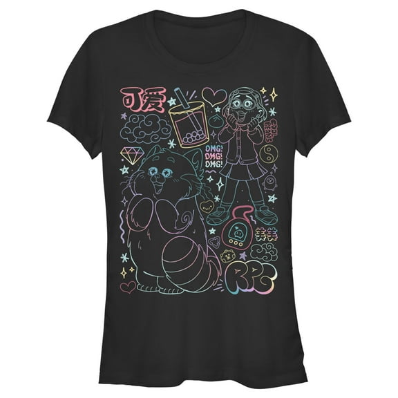 Junior's Turning Red Neon Doodles Mei Lee  Graphic Tee Black X Large