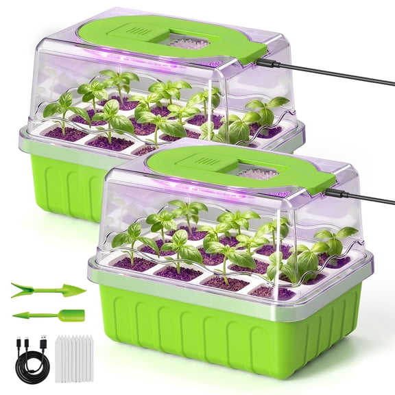 RainPoint 2PCS Seed Starting Tray with Grow Lights Humidity Dome – Reusable Germination Kit for Indoor Gardening, 12-Cell Plant Starter Tray with High-Transparency Cover & Easy Transplant Design