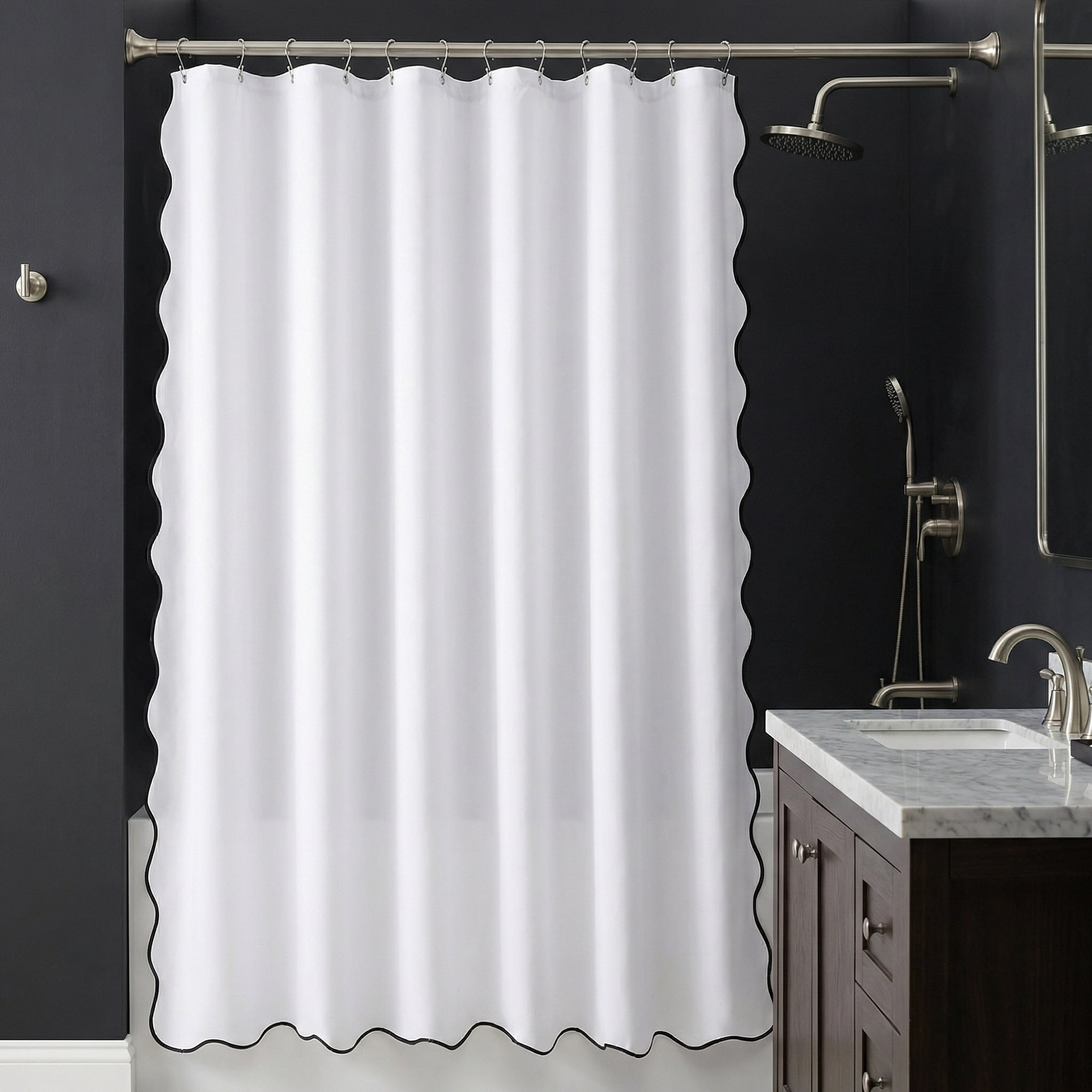 Unique Bargains Boho Wavy Trim Shower Curtain Sets with 12 Hooks White 72"W x 72"L