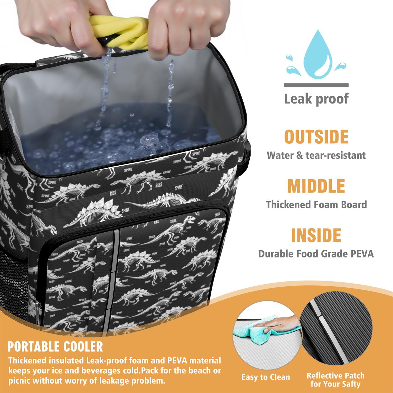 Travel Cooler Bag - Black Dinosaurs Skeleton Text Pattern Camping Beer Cooler Backpack with Bottle Opener- Waterproof Insulated Picnic Backpacks - Cooler Bag for Beach