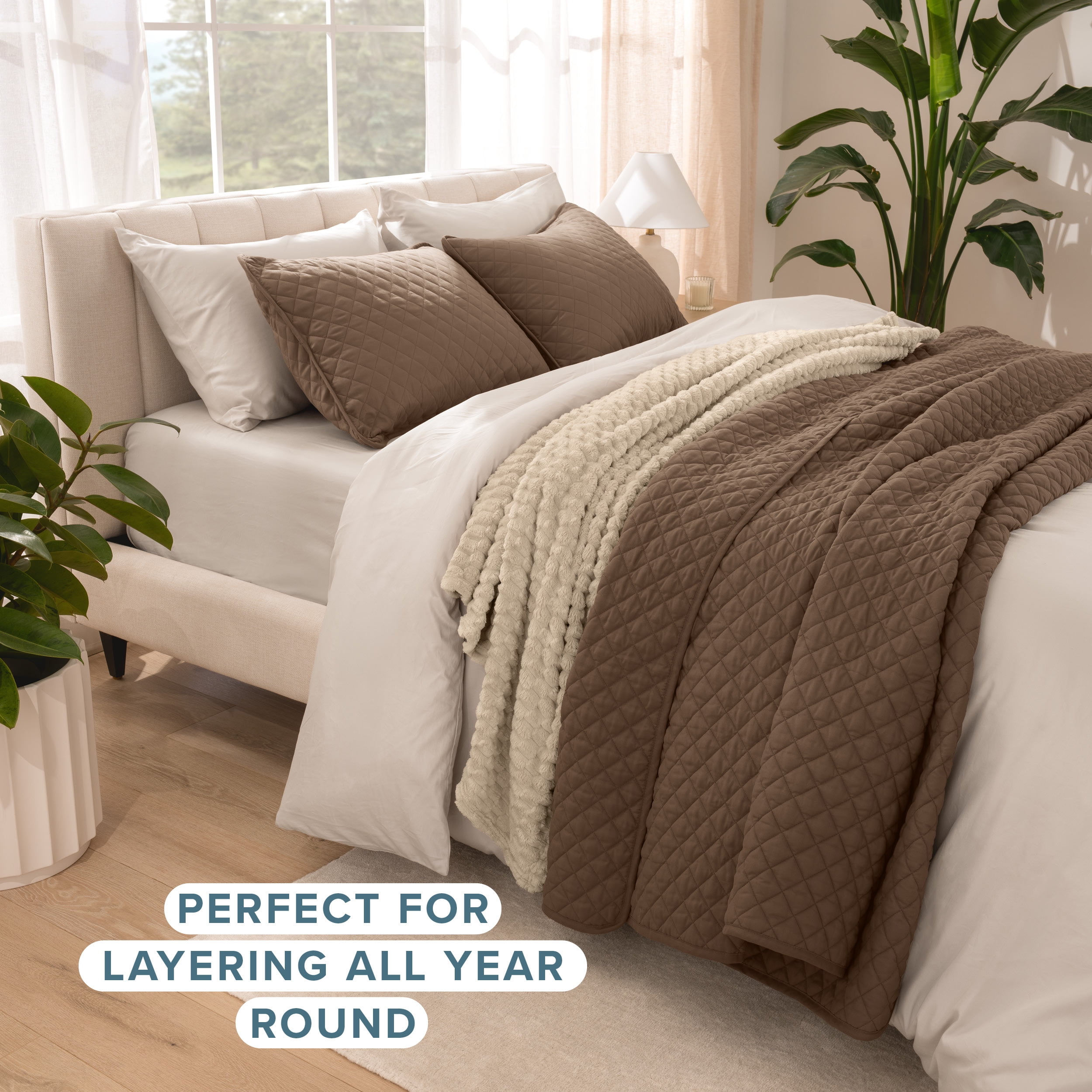 Bare Home Quilt Set - 2 Piece - Diamond Stitched Bedspread Coverlet - Twin/Twin XL, Cocoa