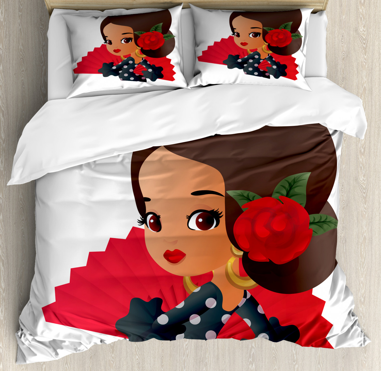 Spanish Duvet Cover Set Queen Size, Chibi Character in Flamenco Costume