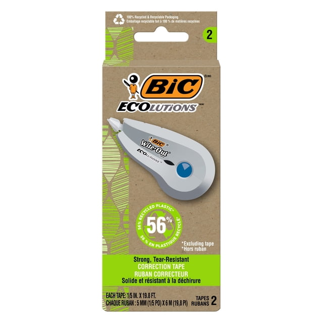 Cinta correctora BIC Ecolutions Wie-Out de 19.8 pies, paquete de 2 unidades