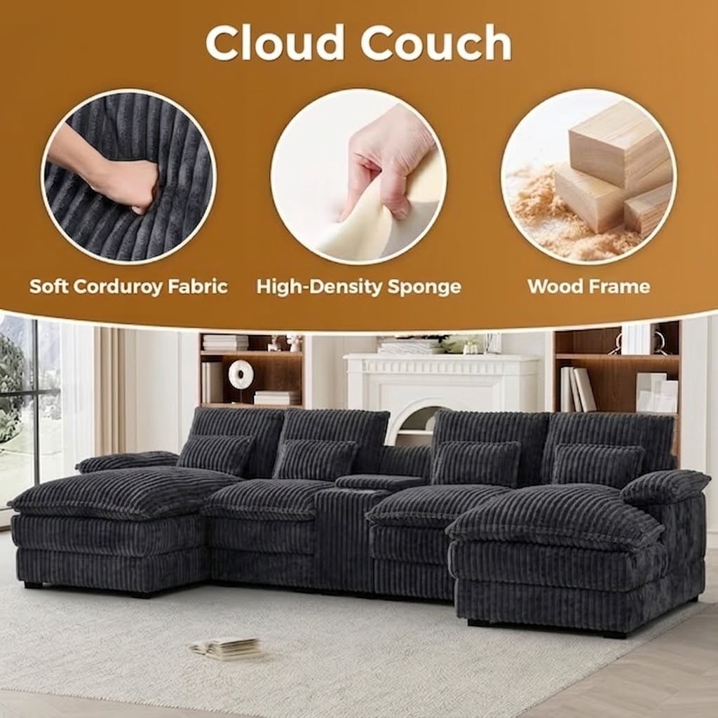Howcool 124" U Shaped Modular Sectional Sofa, 6 Seat Oversized Cloud Couch with Double Chaise & Central Console, Plush Corduroy Sectional Couch with USB Ports, for Living Room,Dark Grey