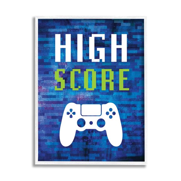 Stupell Industries High Score Pixel Style Gaming Controller Typography Graphic Art White Framed Art Print Wall Art, Design by Victoria Barnes