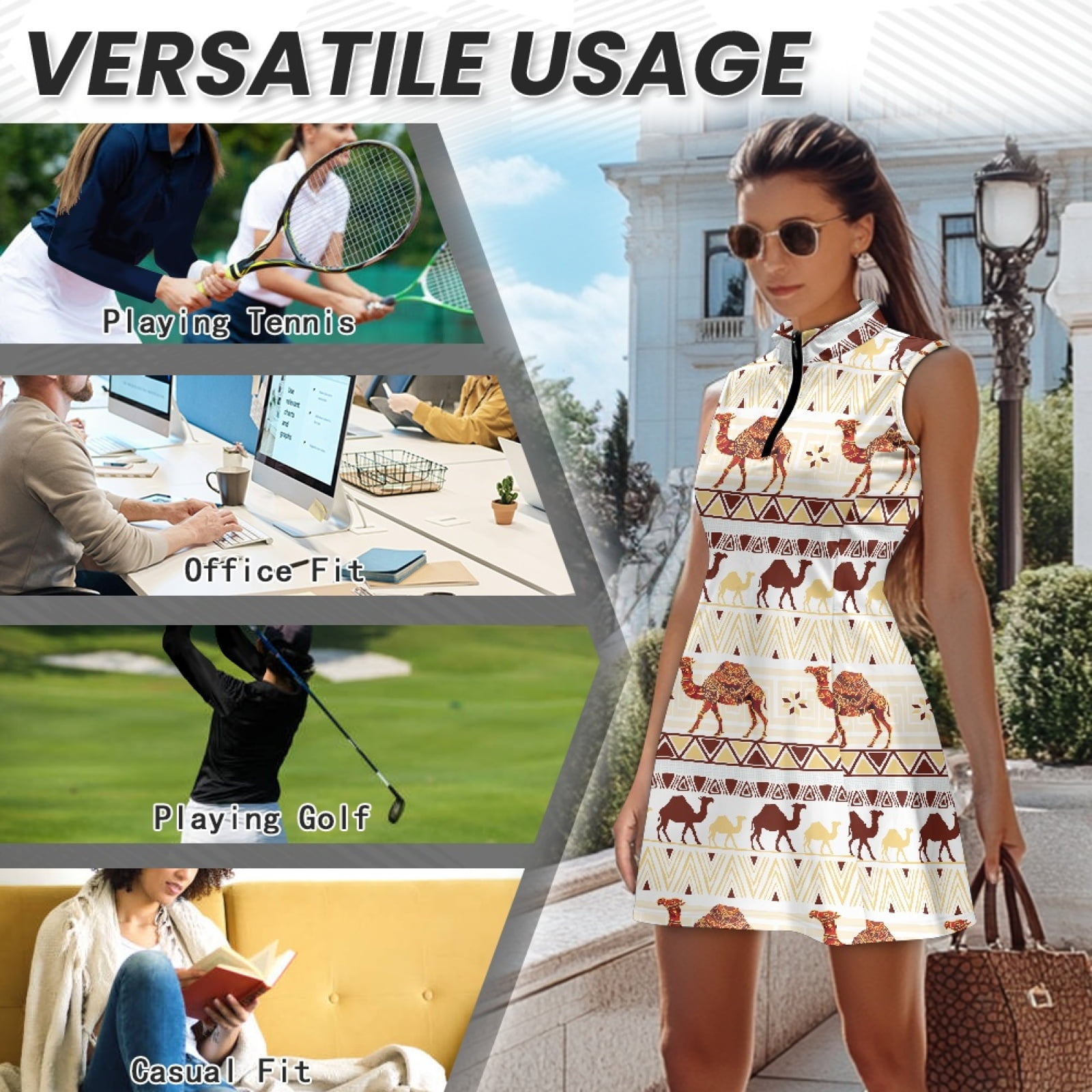 COEQINE Camel African Tribal Ethnic Print Tennis Dress for Women Sleeveless Breathable Pickleball Dresses with Built in Shorts and Pockets 2 Piece Set V-Neck Golf Outfits, XL