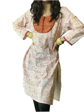 Mogul Women Tunic Dress Floral Beige Orange Printed Long Ethnic Tunic M