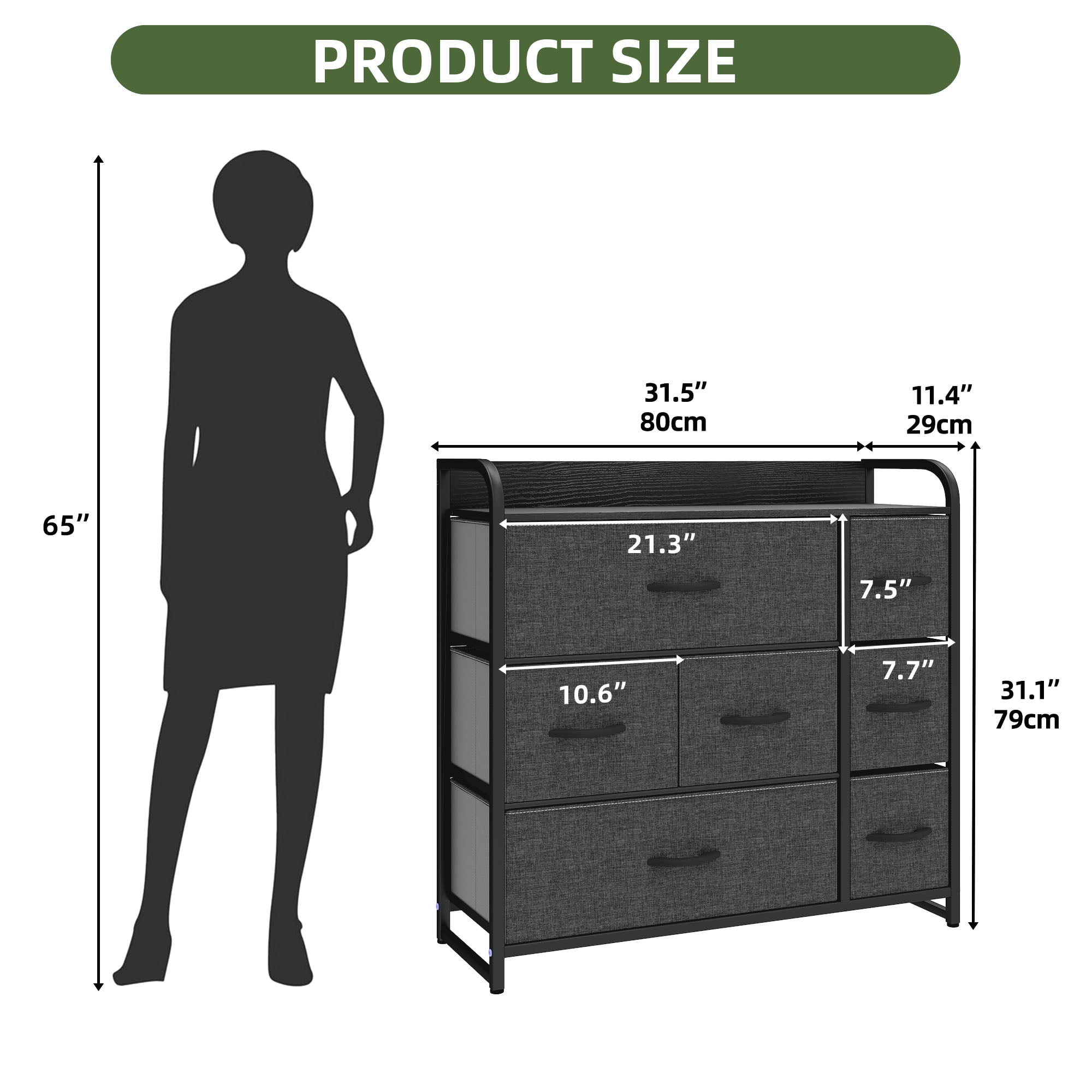 Uforic 7-Drawer Black-Gray Fabric Dresser withe Steel Frame for , Living Room and Study Room
