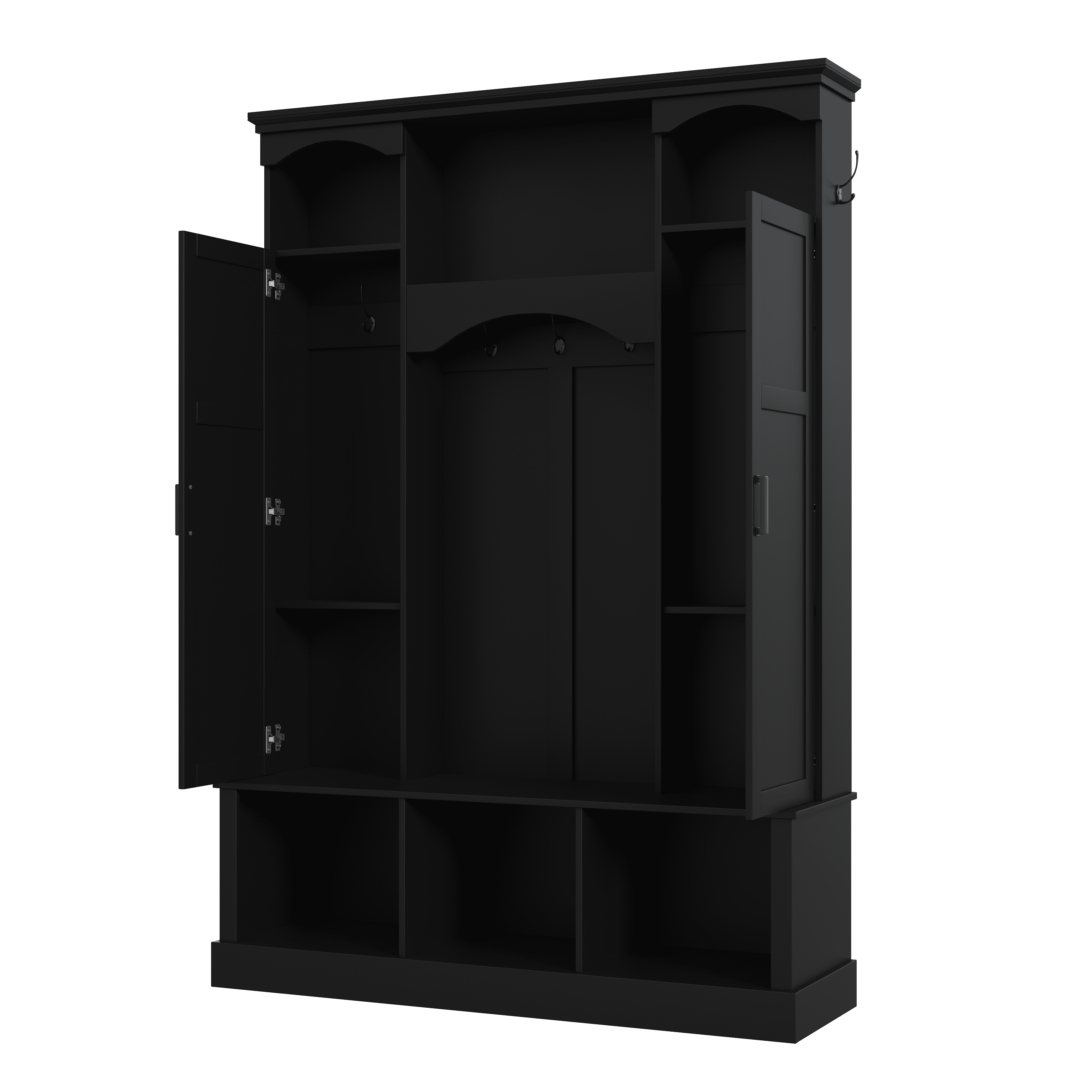 Mintazer All-in-One Farmhouse Entryway Hall Tree with Side Cabinets & Shoe Cubby Bench, Elegant Entryway Organizer with 7 Hooks & Adjustable Shelves for Mudroom Hallway, Black