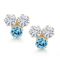 thumbnail image 2 of Gem Stone King 14K Yellow Gold White Moissanite and Swiss Blue Topaz Three Stone Stud Earrings for Women (0.70 Cttw, Gemstone, Round 3MM), 2 of 4