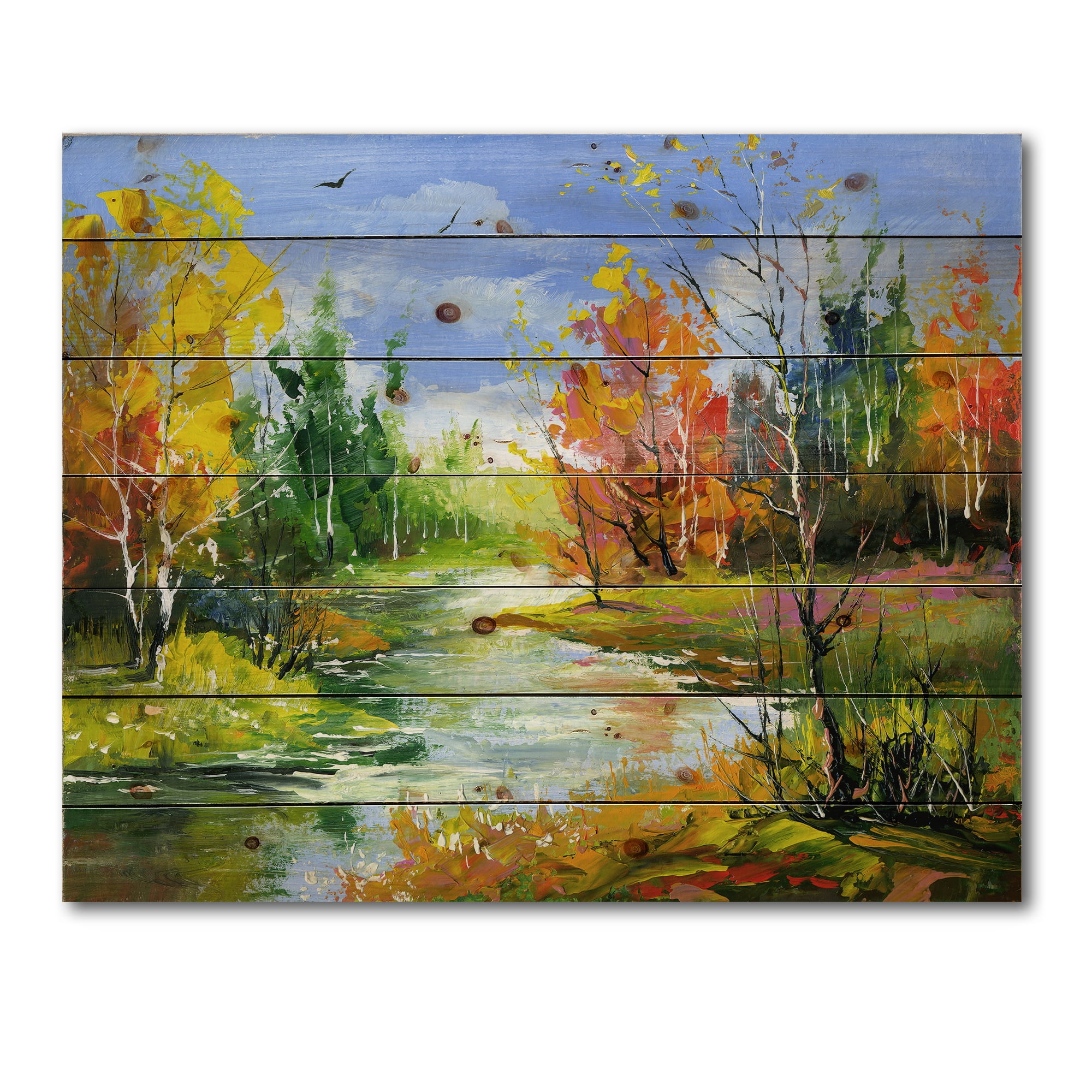 Designart 'Autumn Landscape With Forest and River' Lake House Print on Natural Pine Wood