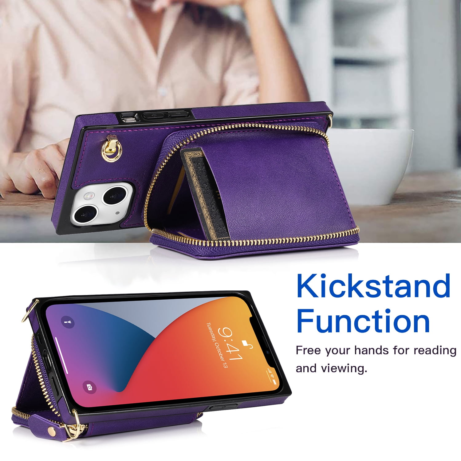 TECH CIRCLE For iPhone 7 / 8 / SE 2022 & 2020 Wallet Case,Card Holder Phone Case for Women, Zipper PU Leather Purse Kickstand Folio Flip Case with Crossbody Strap for Apple iPhone 7 8 SE 2022,Purple