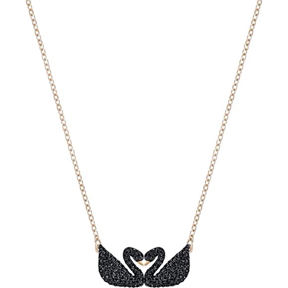 Swan necklace, rose gold finish, black crystals
