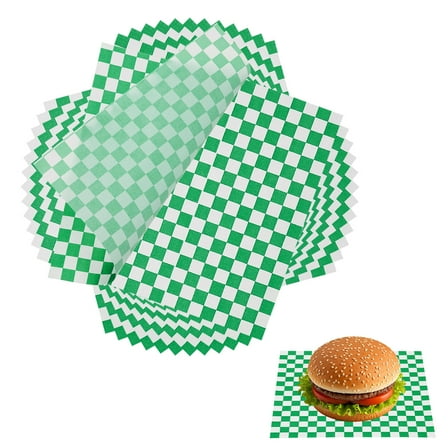 Uxcell 150 Pcs Wax Paper Sheets for Food, 8.7 x 8.7 Inch Greaseproof Wrapping Paper Sheets, Checkered Square Food Basket Liners for Sandwich Hamburger Bread, Green