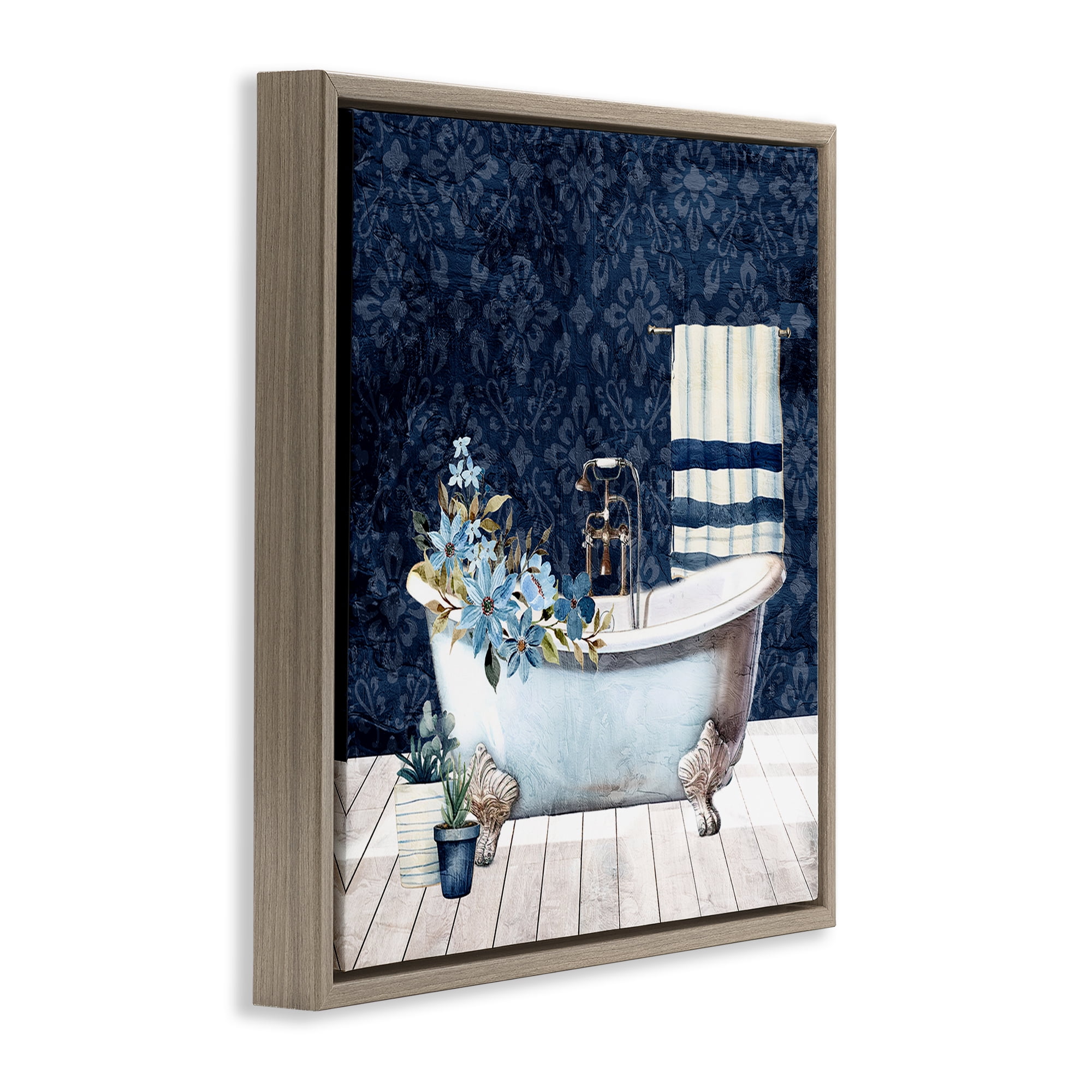 Stupell Industries Blue Damask Bathroom Bath & Laundry Painting Brown Floater Framed Canvas Art Print Wall Art, 25 x 25