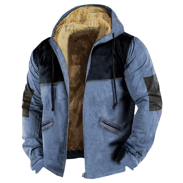 Susanny Thick Coat for Men Hooded Western Pockets Winter Flannel Sherpa Fleece Lined Denim Jacket Zip Up Distressed Drawstring Aztec Big and Tall Denim Work Jackets Blue 6XL